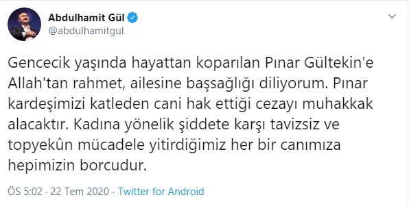 Cumhurbaşkanı Erdoğan'dan Pınar Gültekin açıklaması