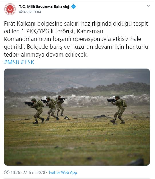 MSB: Saldırı hazırlığındaki 1 PKK/YPG'li terörist etkisiz hale getirildi