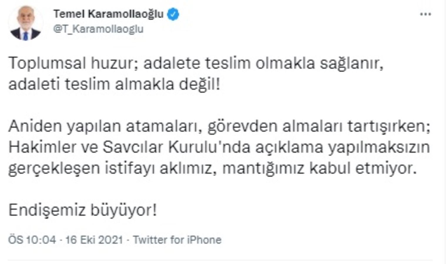 Karamollaoğlu'ndan HSK'deki istifaya: "Aklımız kabul etmiyor, endişemiz büyüyor!"