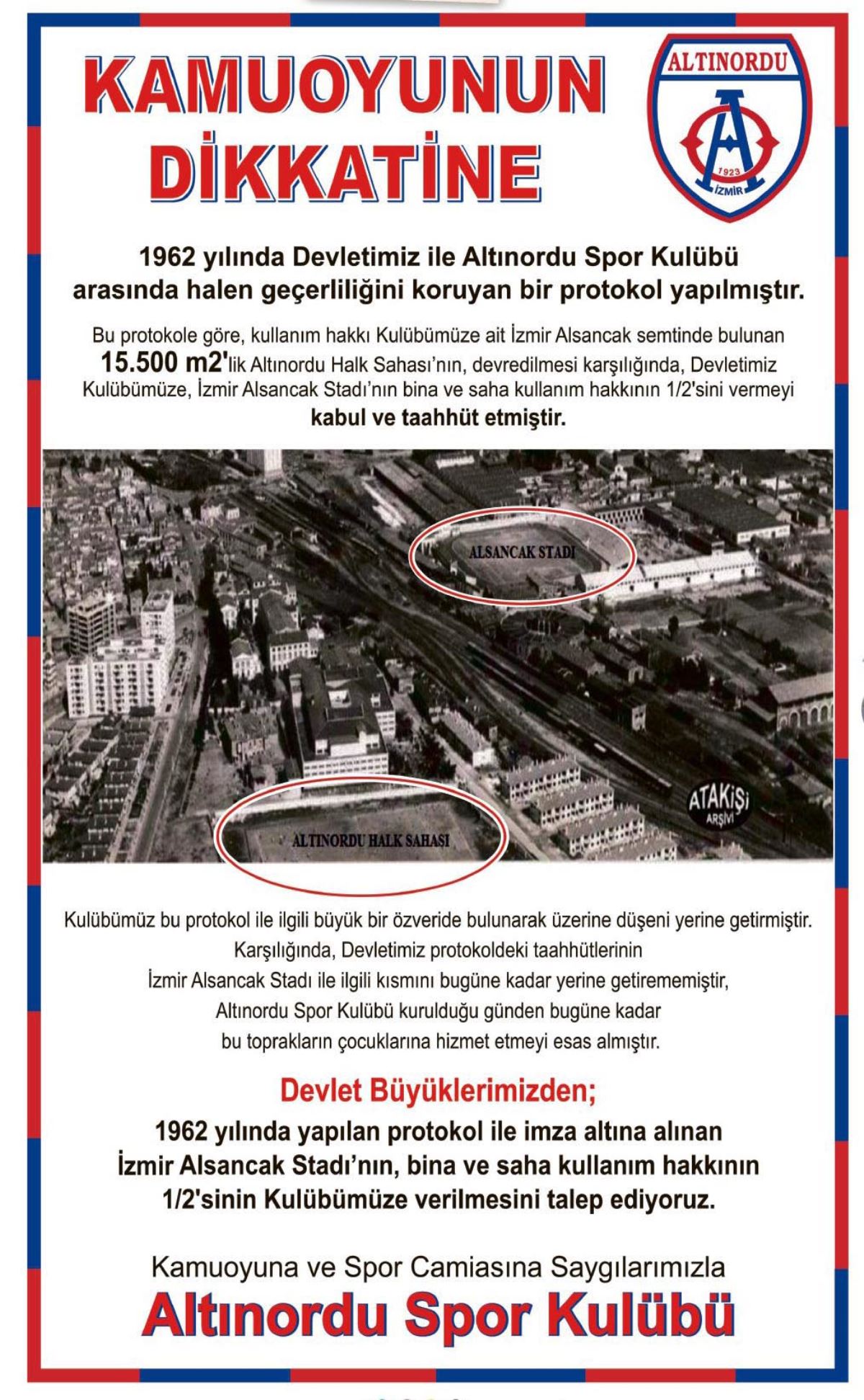 Altınordu'dan Alsancak Stadı için gazete ilanı