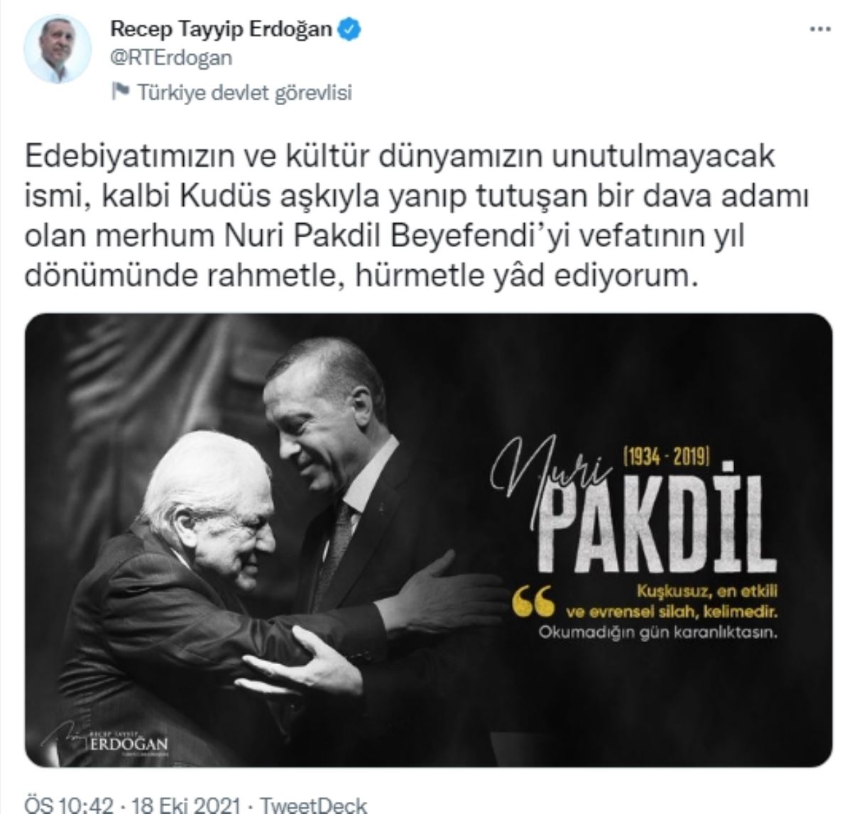 Erdoğan'dan Atatürk'e 'firavun' diyen Pakdil için anma mesajı!