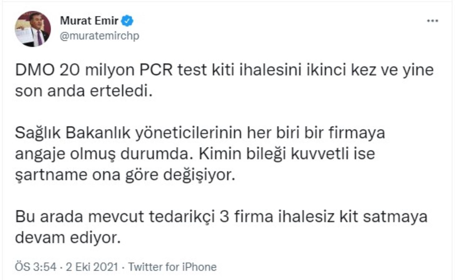 CHP'li Emir, test kiti ihalesinde Sağlık Bakanlığı yöneticilerine dikkat çekti