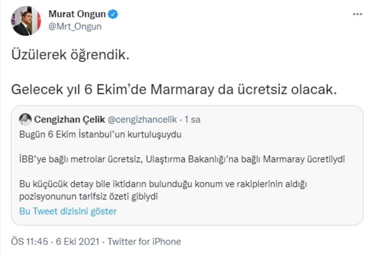 İBB Sözcüsü Ongun'dan Ulaştırma Bakanlığı'na 'Marmaray' göndermesi