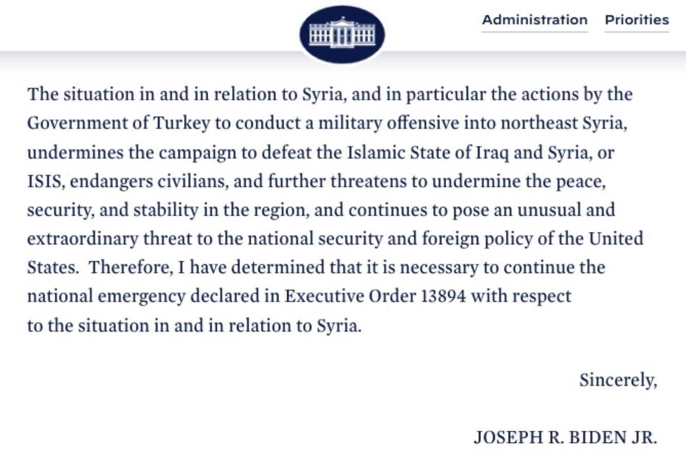 Biden, Suriye'deki "Ulusal Acil Durum" halini uzattı