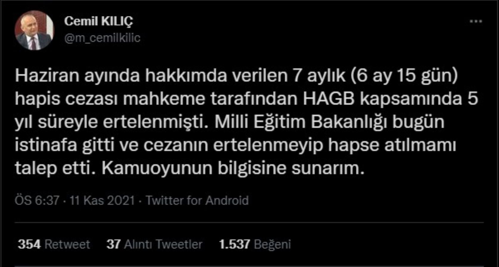 Atatürkçü İlahiyatçı Cemil Kılıç'ın ertelenen cezasına Milli Eğitim Bakanlığı itiraz etti
