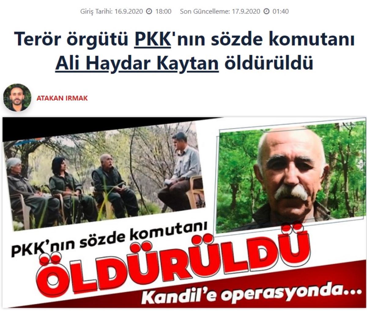 Daha önce de gündeme gelmişti: Terör örgütü PKK’nin kurucularından Ali Haydar Kaytan etkisiz hale getirildi