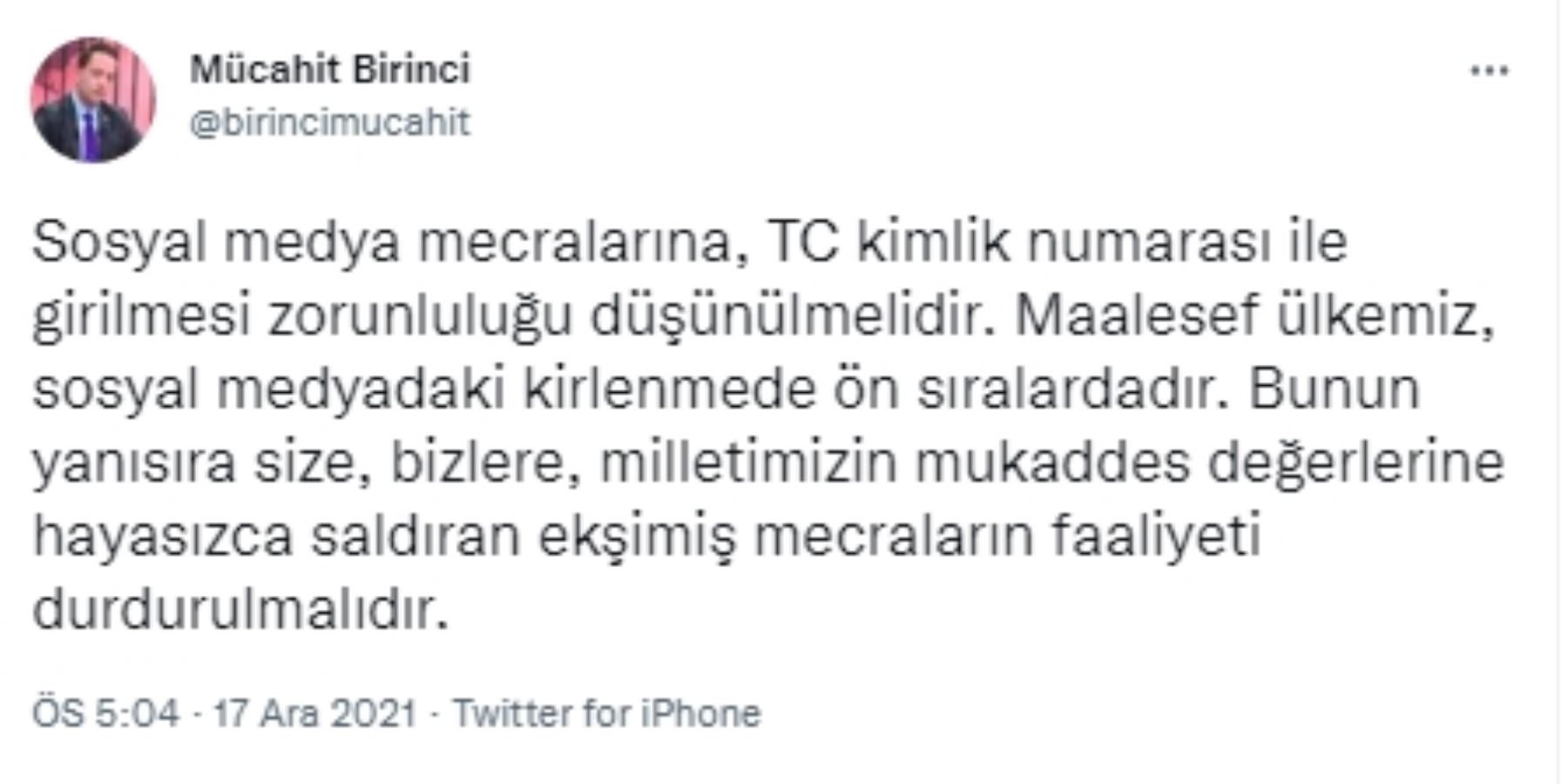 AKP'li Birinci'den 'sosyal medyaya kimlik numarasıyla girilsin' çağrısı