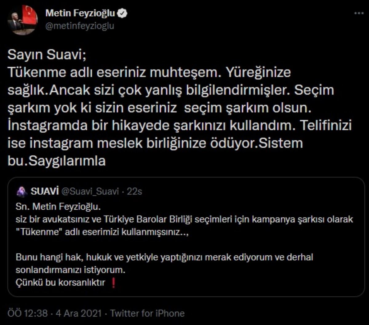 Metin Feyzioğlu'ndan Suavi'ye 'şarkı' yanıtı
