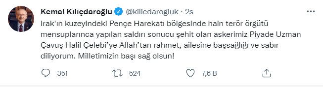 Kılıçdaroğlu'ndan şehit Halil Çelebi için taziye mesajı: Milletimizin başı sağ olsun