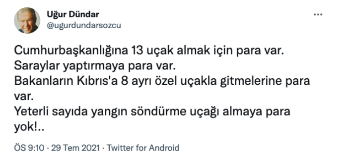 Uğur Dündar'dan Erdoğan'ı kızdıracak paylaşım: 13 uçak almak için para var