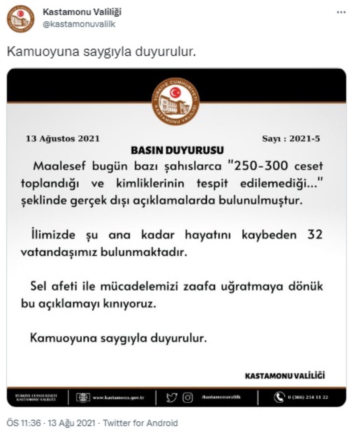 Kastamonu Valiliği'nden '250-300 ölüm' iddiasına yalanlama: Kınıyoruz