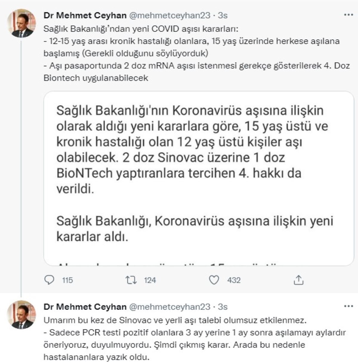 Mehmet Ceyhan'dan yeni aşı kararlarına tepki: Hastalananlara yazık oldu