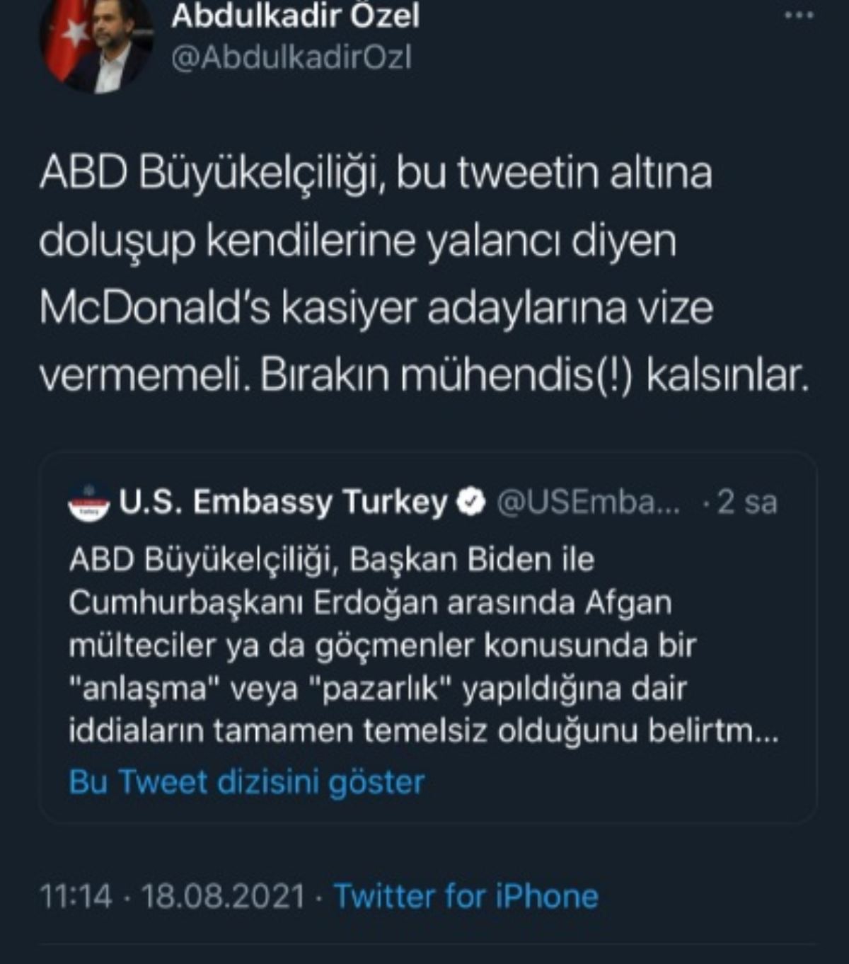 ABD Büyükelçiliği'ne tepki gösteren Türklere AKP’li vekilden yanıt: "Vize vermeyin"