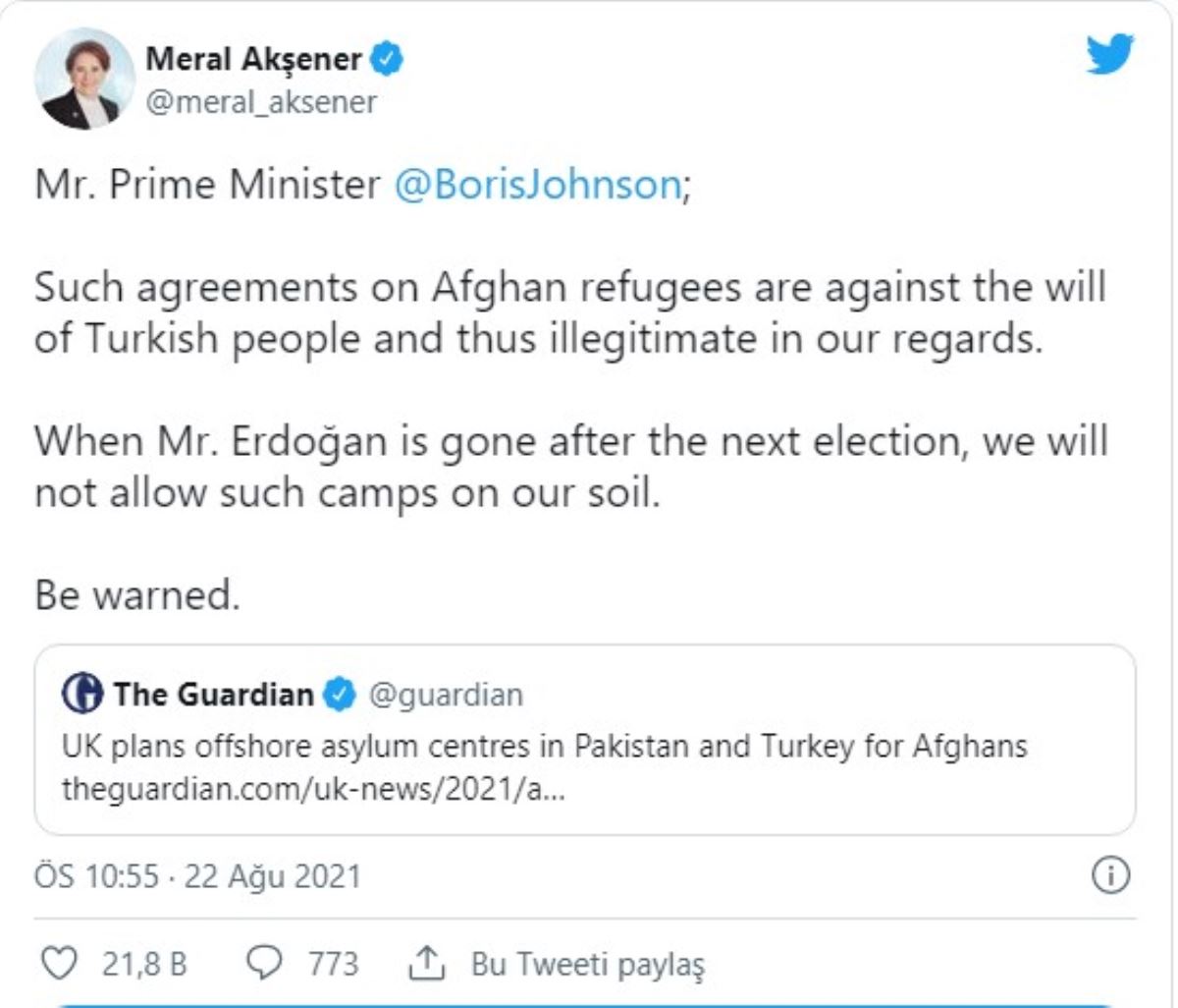 Akşener’den Johnson’a: “Sonraki seçimde Erdoğan gittiğinde kamplara izin vermeyeceğiz”
