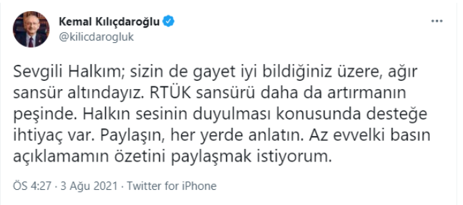Kemal Kılıçdaroğlu, art arda tweetledi: Ağır sansür altındayız
