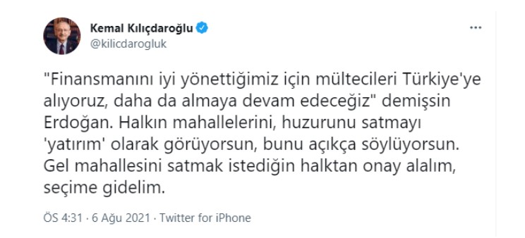 Kılıçdaroğlu'ndan, Erdoğan'ın 'mülteciler' açıklamasına sert yanıt
