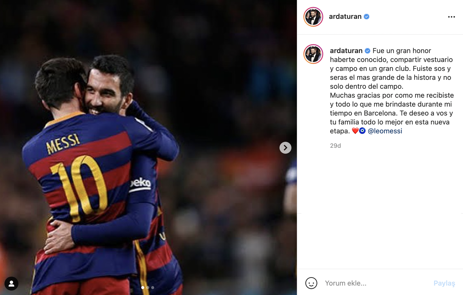 Galatasaray'da Arda Turan'dan Lionel Messi paylaşımı