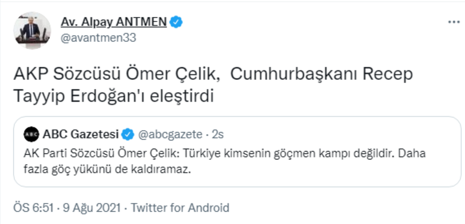 CHP'li Alpay Antmen: "AKP Sözcüsü Ömer Çelik, Erdoğan'ı eleştirdi"