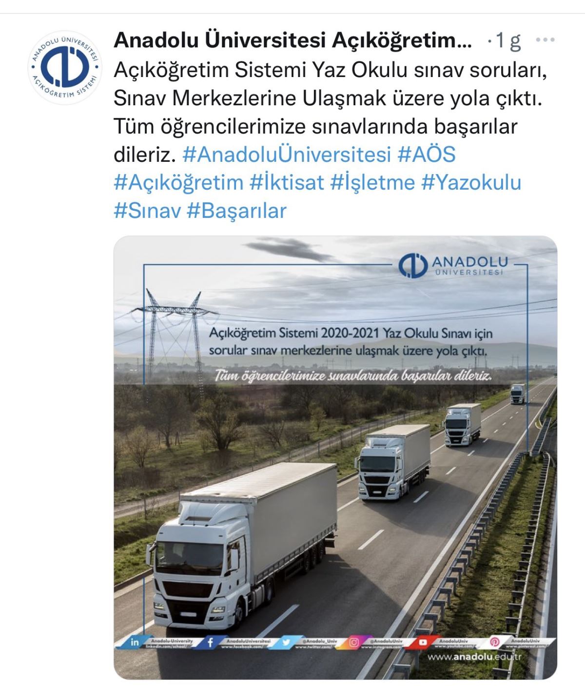 Anadolu Üniversitesi, stok görüntü paylaşarak, 'sorular yola çıktı' dedi