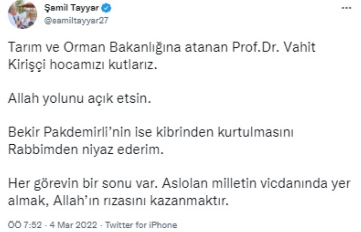 AKP'li Şamil Tayyar'dan, istifa eden Pakdemirli'ye: Kibrinden kurtulmasını niyaz ederim
