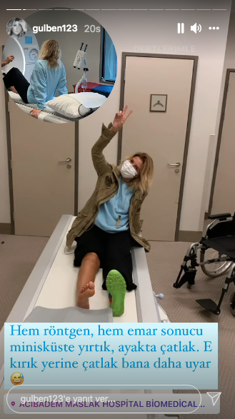 <p>Hastanede çekilen fotoğrafını sosyal medya hesabından yayınlayan Gülben Ergen, sağ ayağında bağ yaralanması ve dizinde de menisküs yırtığı oluştuğunu ifade etti.</p>