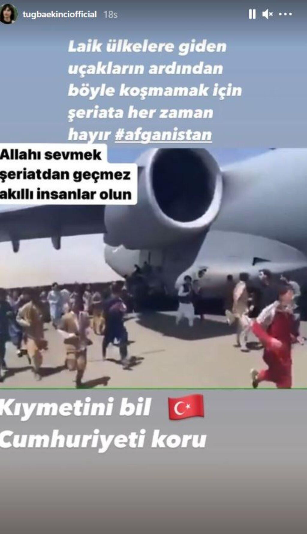 <p>Instagram hesabından Kabil'de Taliban'dan kaçmaya çalışan insanları paylaşan Ekinci şu ifadeleri kullandı:</p><p><em><strong>"Laik ülkelere giden uçakların ardından böyle koşmamak için şeriata her zaman hayır. Kıymetini bil, Cumhuriyet'i koru."</strong></em></p>