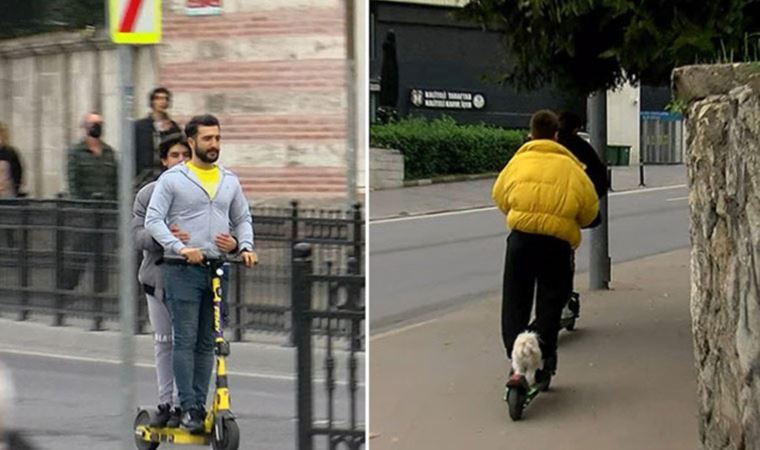 Elektrikli scooter ihlalleri devam ediyor: kimi arkadaşıyla kimi köpeğiyle bindi