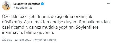 Selahattin Demirtaş'tan aşı çağrısı: Söylentilere inanmayın, bilime güvenin