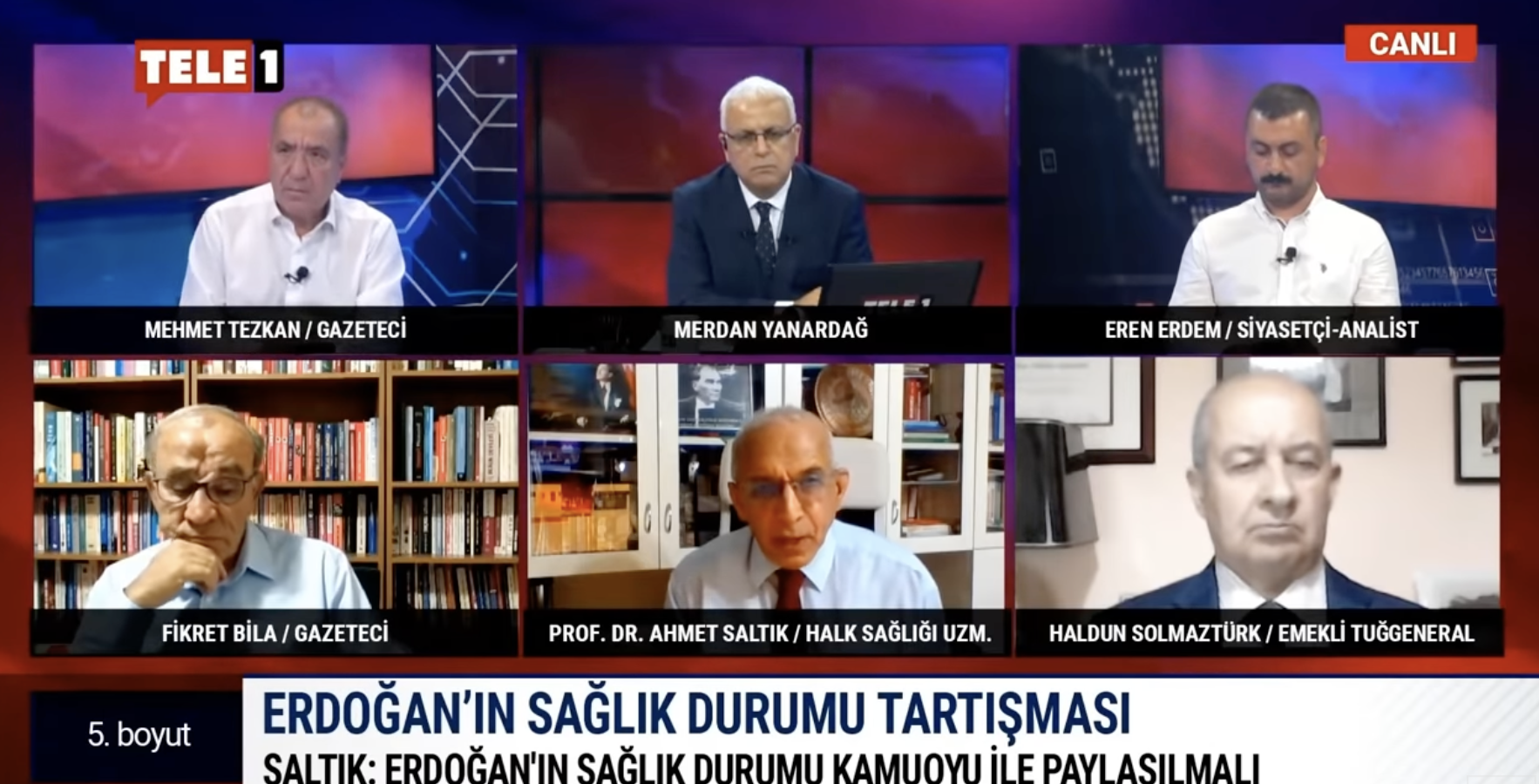 <p>Erdoğan’ın sağlık sorunu olduğu tartışmaları ortaya çıkarken, Tele1’de yayınlanan “5. Boyut” adlı programda Halk Sağlığı Uzmanı Prof. Dr. Ahmet Saltık dikkat çeken açıklamalarda bulundu.</p>