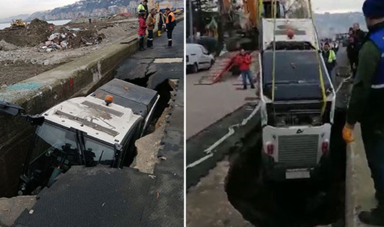 Feci olay: Belediye aracı çukura düştü