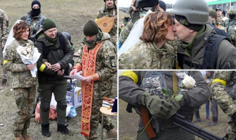 Ukraynalı sivil askerler cephede evlendi