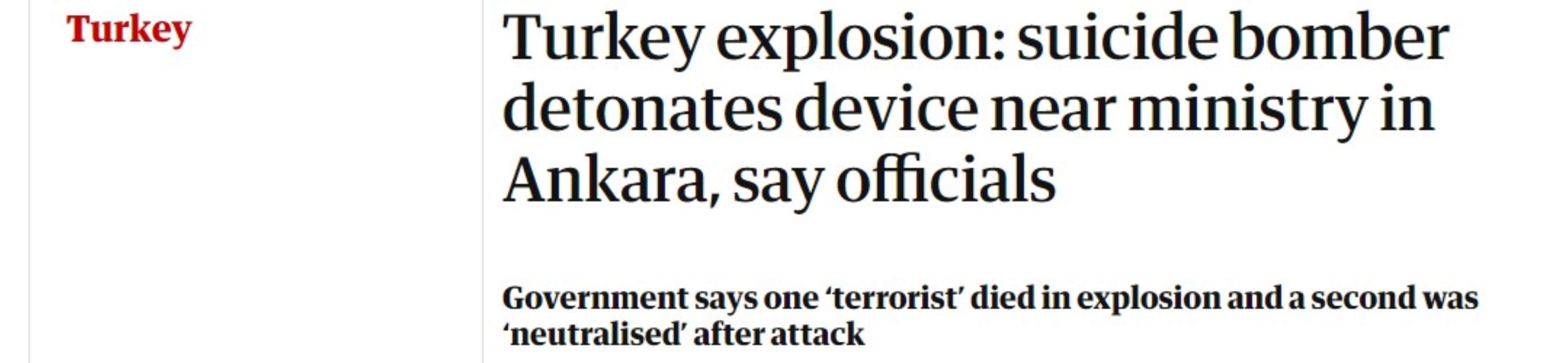 <h3>GUARDIAN</h3>
<p>İngiltere'nin önde gelen gazetelerinden Guardian, Ankara'da yaşanan saldırıyı <strong><em>"Türkiye'de patlama: Yetkililer, intihar bombacısının Ankara'da bakanlık yakınlarında düzeneği patlattığını söyledi"</em></strong> başlığıyla servis etti. </p>
<p>Guardian,<strong><em> "Hükümet yetkilileri, saldırganların etkisiz hale getirildiğini açıkladı"</em></strong> ifadesinde bulundu. </p>