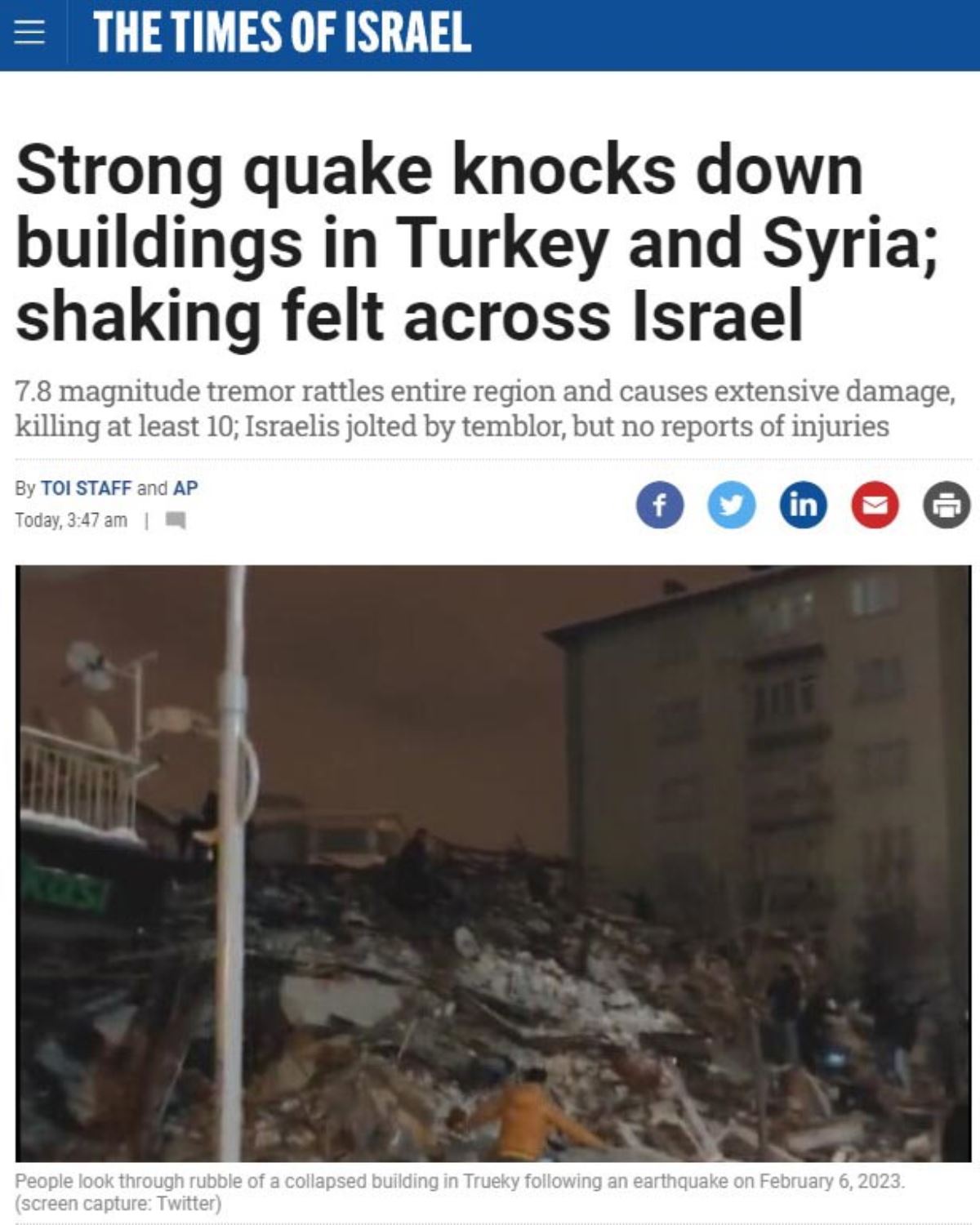 <p>İsrail basını, 7,8 büyüklüğündeki sarsıntının tüm bölgeyi sarstığını, büyük hasara yol açarak en az 100 kişinin canına mal olduğunu, İsrail'in de depremle sarsıldığını, ancak ölüm ya da yaralanma bildirilmediğini duyurdu.</p>