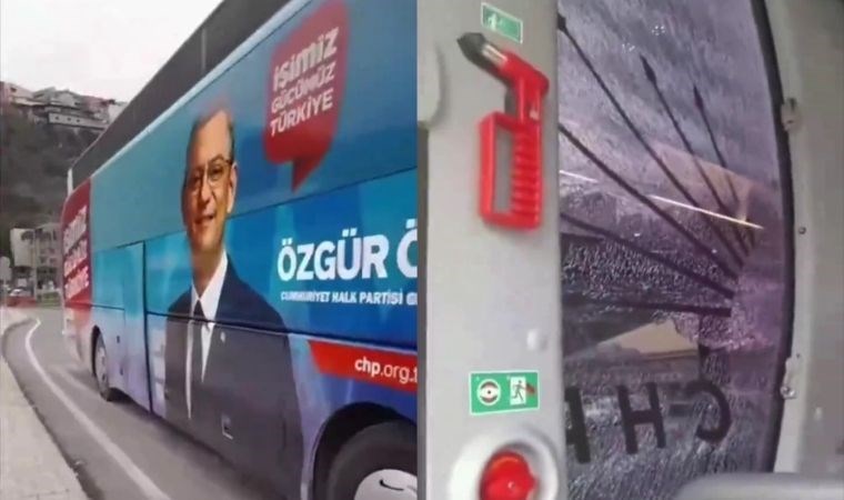 Özgür Özel'in mitingi öncesi... CHP'nin seçim otobüsüne Trabzon'da taşlı saldırı